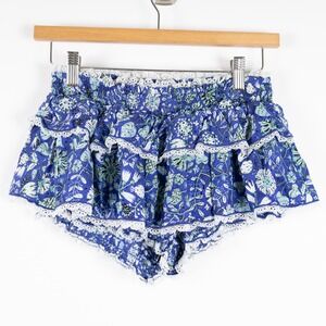 Poupette St Barth Floral Garbo Shorts Lace Trim Smocked Waist Blue XS Ruffle‎